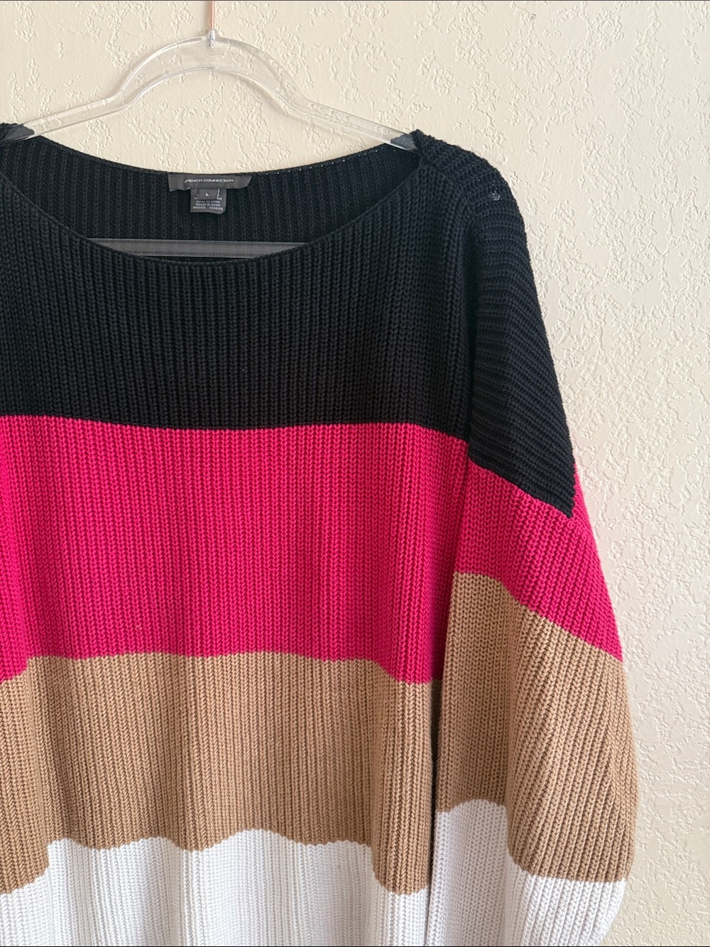 French Connection Colorblock Crewneck Sweater — Black, Pink, Tan, White